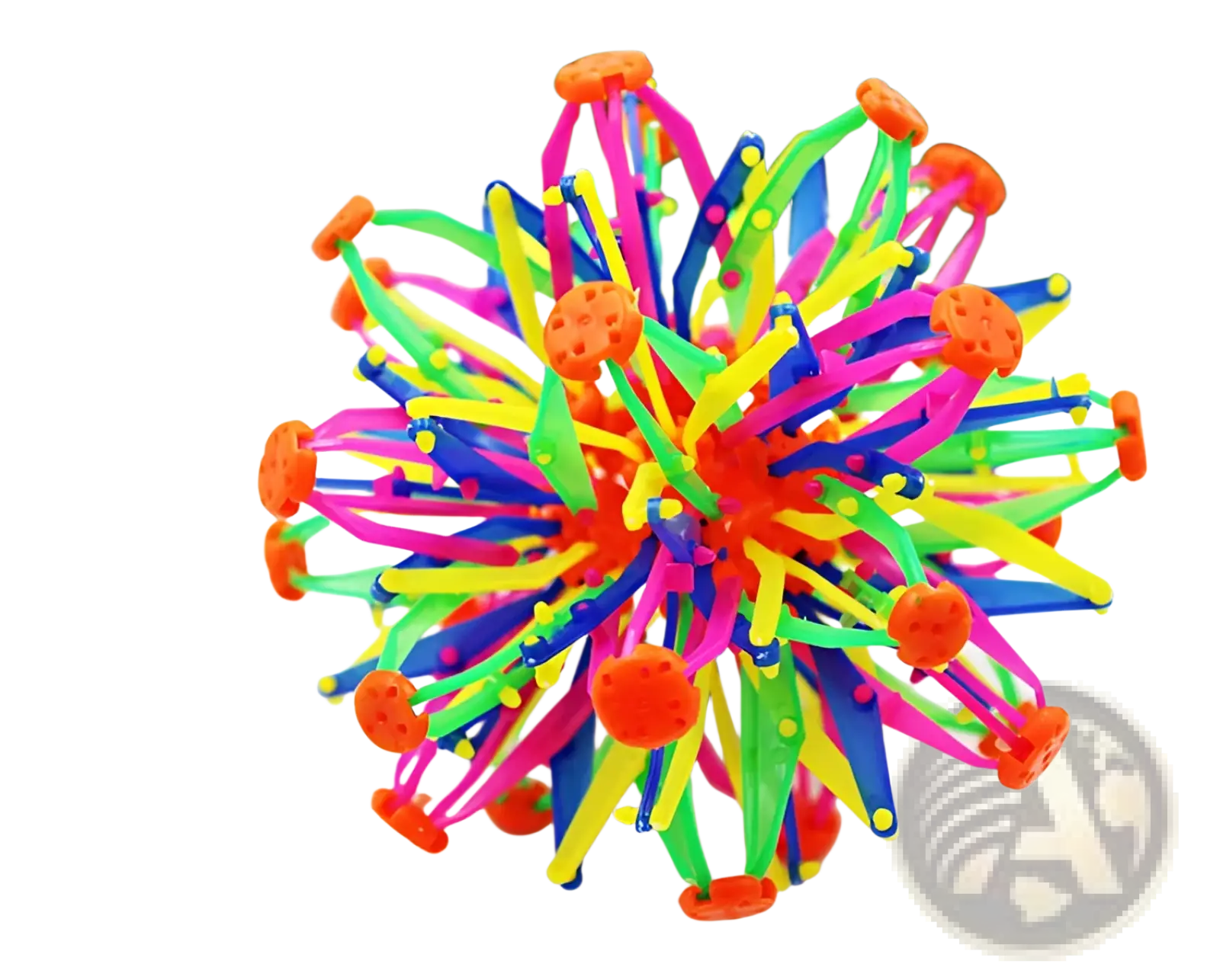 A vibrant multi-colored plastic magic expanding ball toy with bright orange caps and neon pink green blue and yellow spikes
