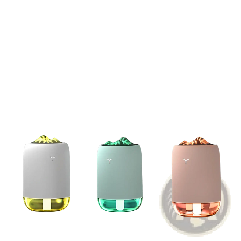 Three sleek Magic Flame humidifier mini usb ultrasonic aroma diffusers in white mint green and blush pink with lighted bases