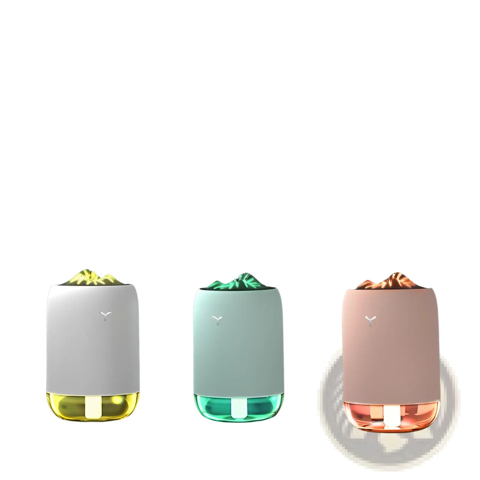 Three sleek Magic Flame humidifier mini usb ultrasonic aroma diffusers in white mint green and blush pink with lighted bases