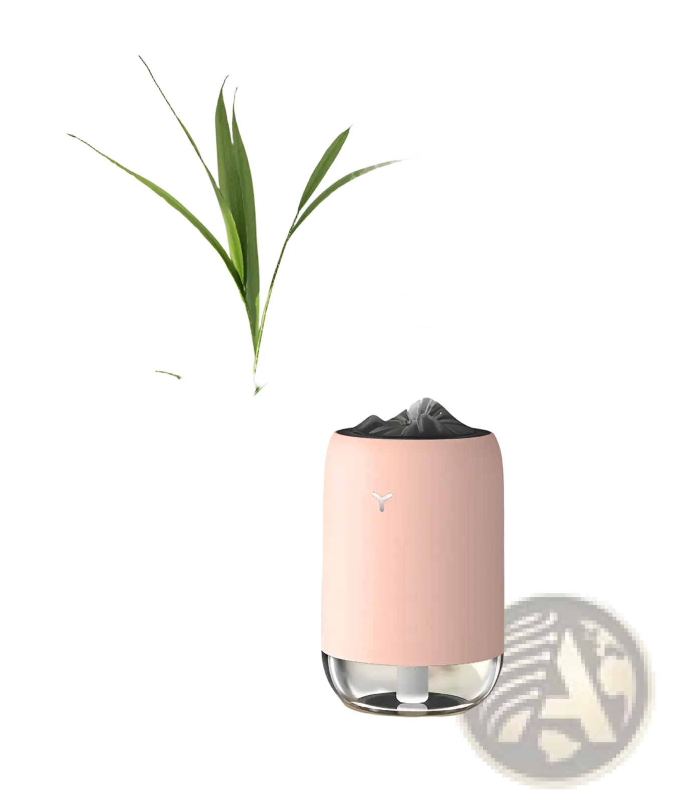 Pink cylindrical Magic Flame humidifier mini USB ultrasonic aroma diffuser with clear glass base and black top emitting mist