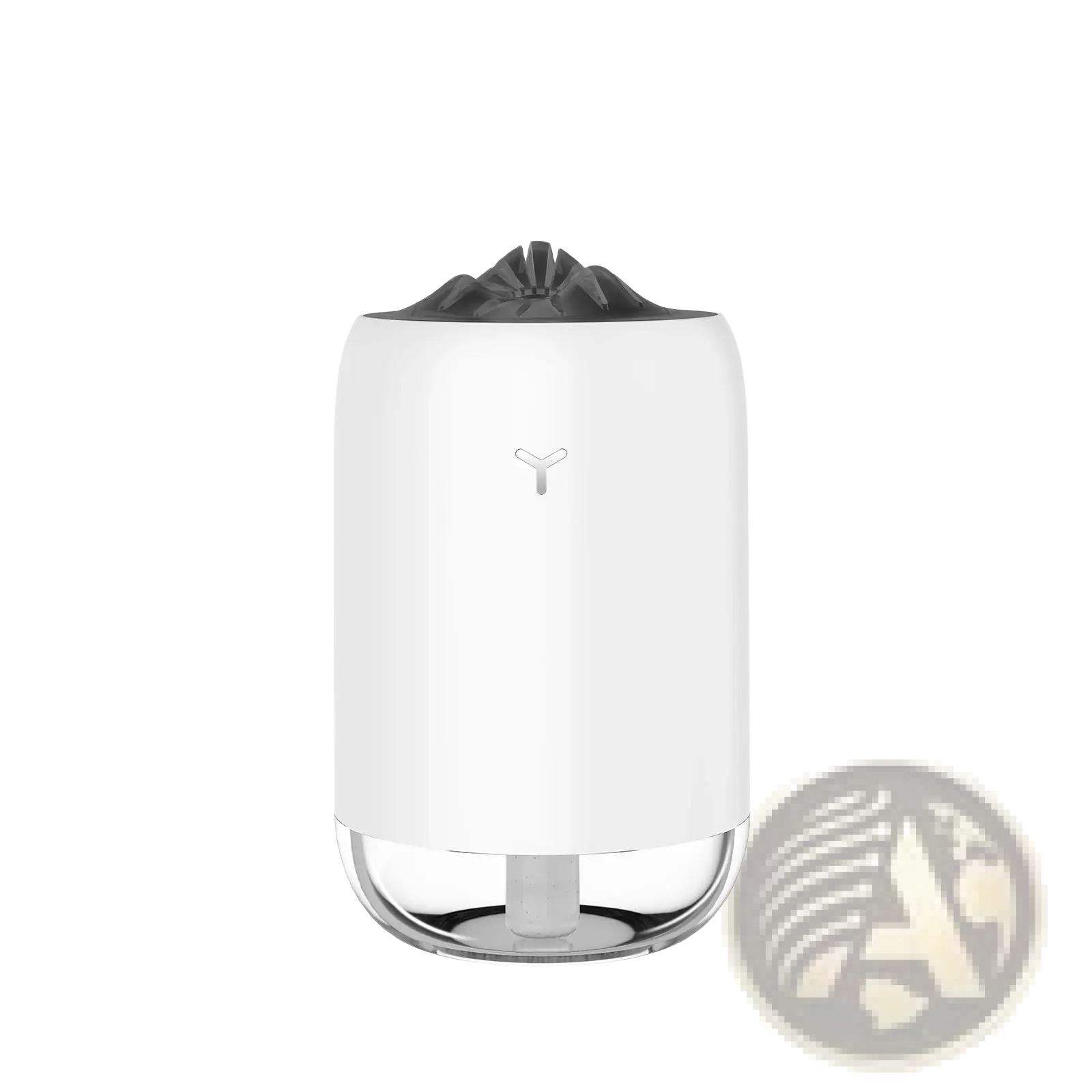 Magic Flame humidifier mini USB ultrasonic aroma diffuser with white cylindrical body, transparent base, and black top cap