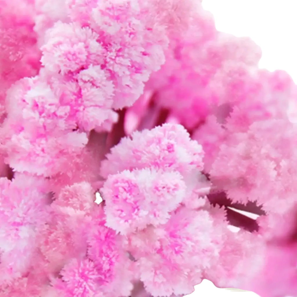 A cluster of soft fluffy pink artificial flowers with delicate textured petals on a magic growing christmas tree crystal tabletop toy