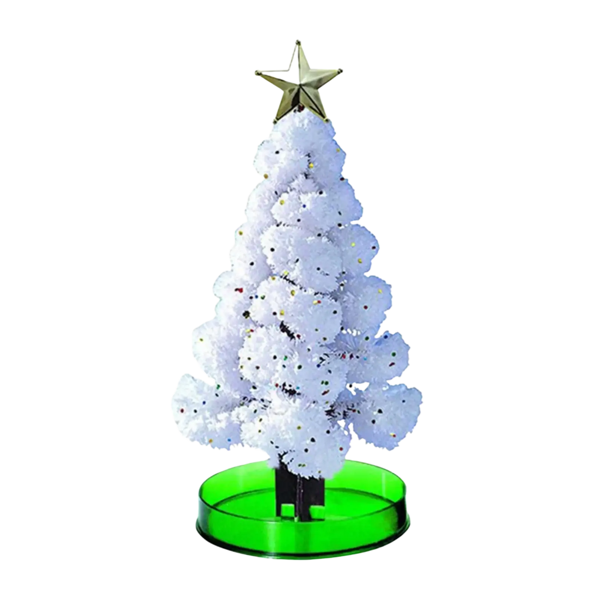 White fluffy magic growing christmas tree crystal tabletop toy with gold star topper and green base