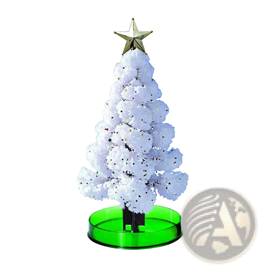 White fluffy magic growing christmas tree crystal tabletop toy with gold star topper and green base