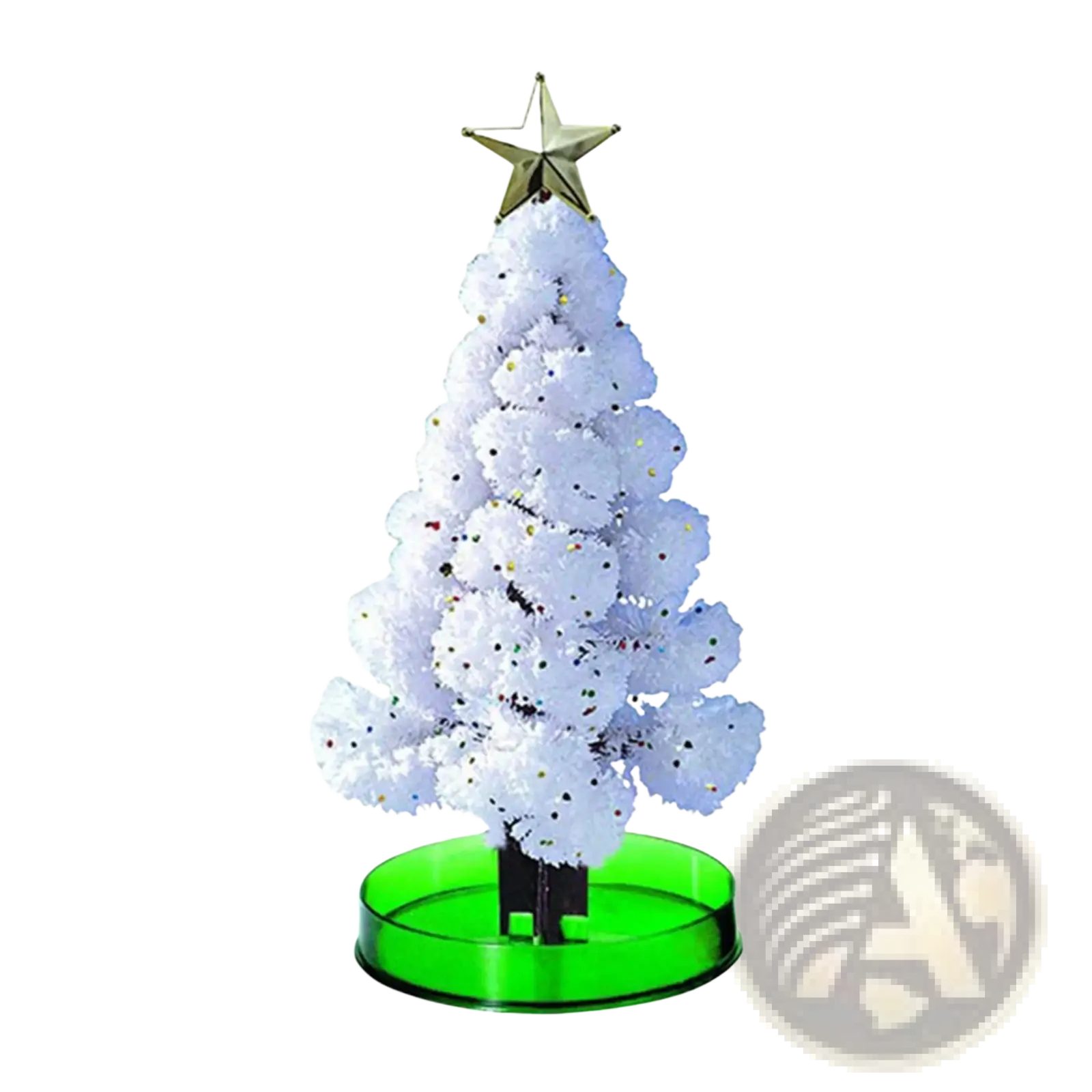 White fluffy magic growing christmas tree crystal tabletop toy with gold star topper and green base