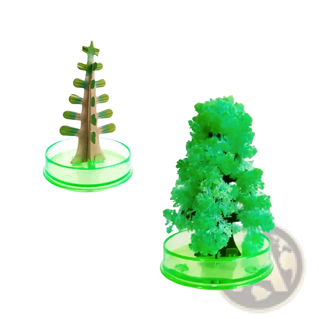 A vibrant green crystalline magic growing crystal Christmas tree decor with intricate frosty branches and a clear plastic base