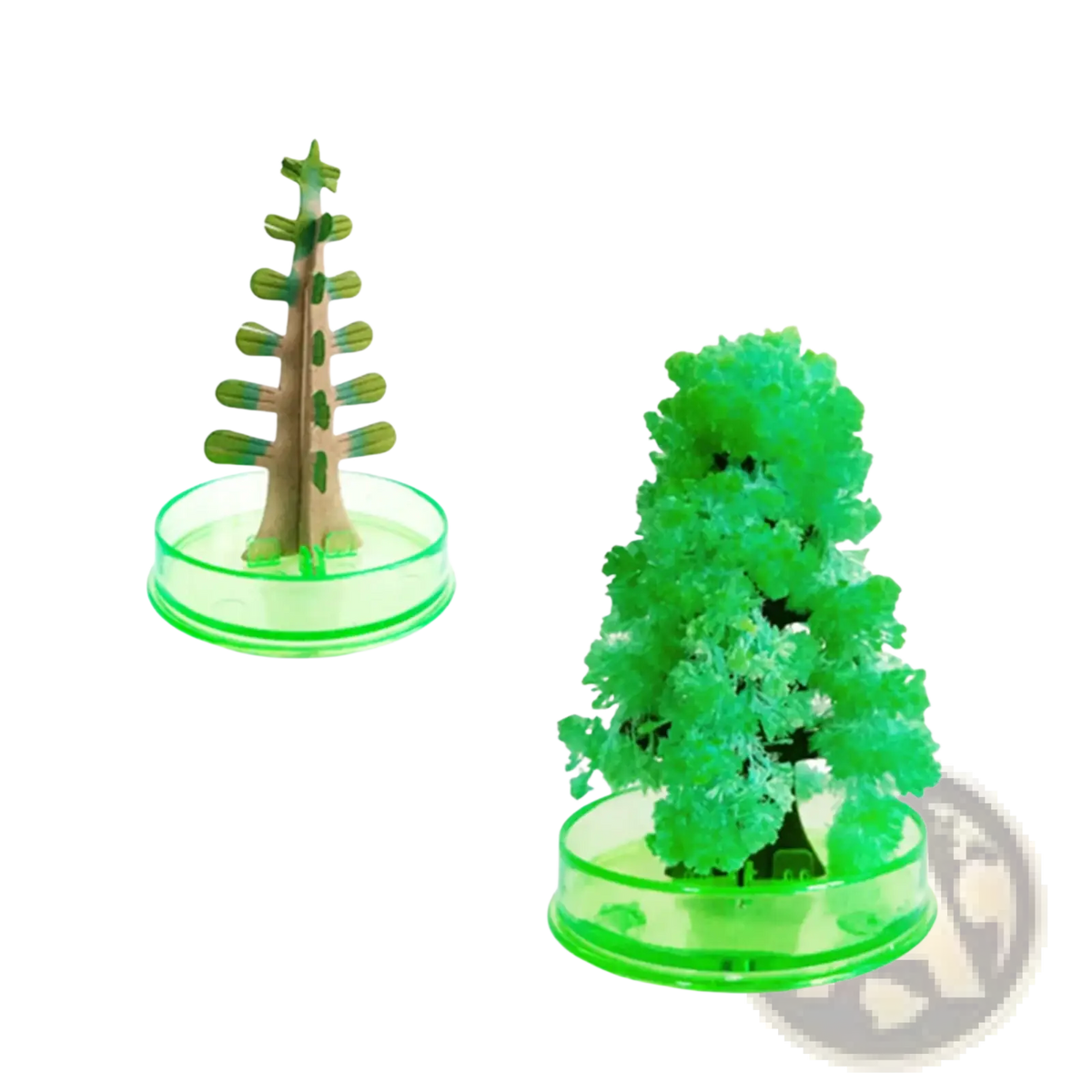 A vibrant green crystalline magic growing crystal christmas tree decor formed from a science kit with frosty structure