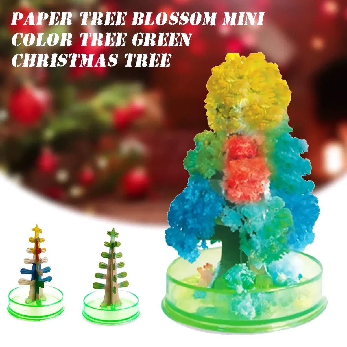A vibrant magic growing crystal christmas tree decor with multicolored paper blossoms and rainbow yellow red blue crystals