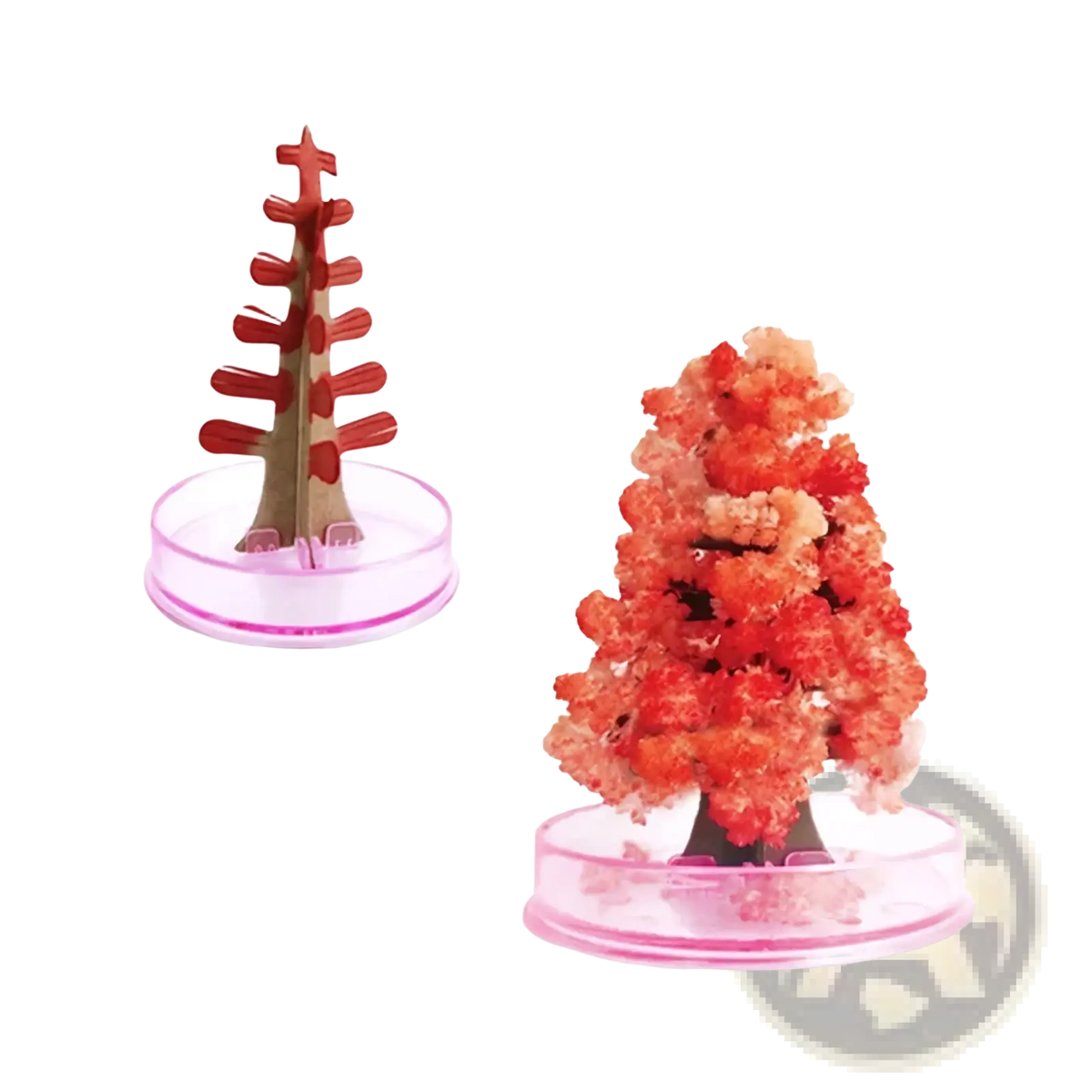 A vibrant orange and pink crystalline magic growing crystal christmas tree decor on a clear plastic base