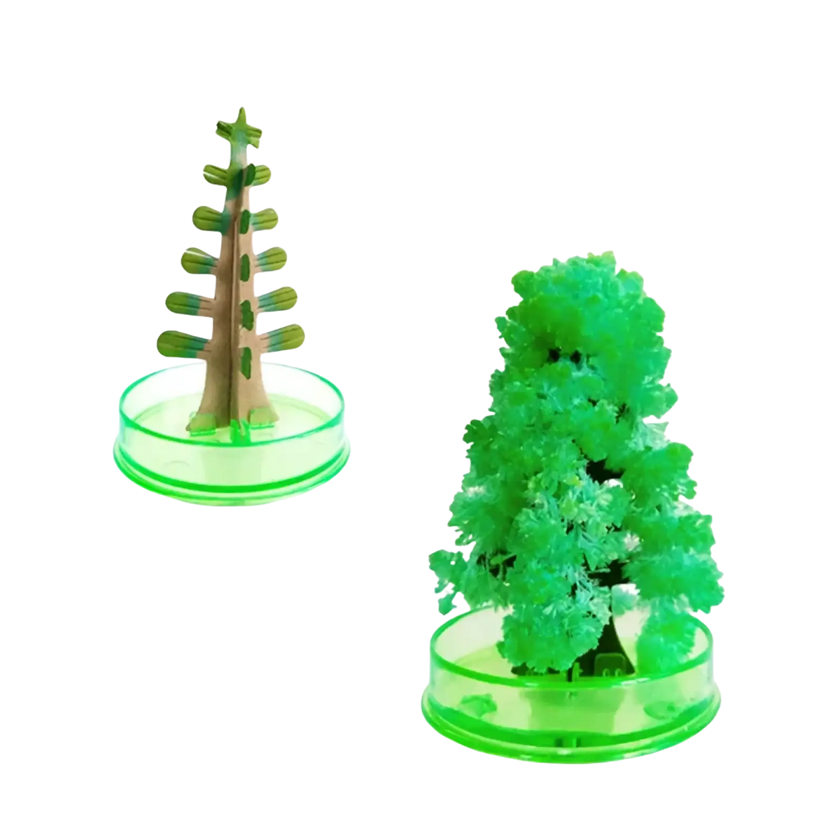 A vibrant green crystalline magic growing crystal Christmas tree decor with intricate frosty branches and a clear plastic base