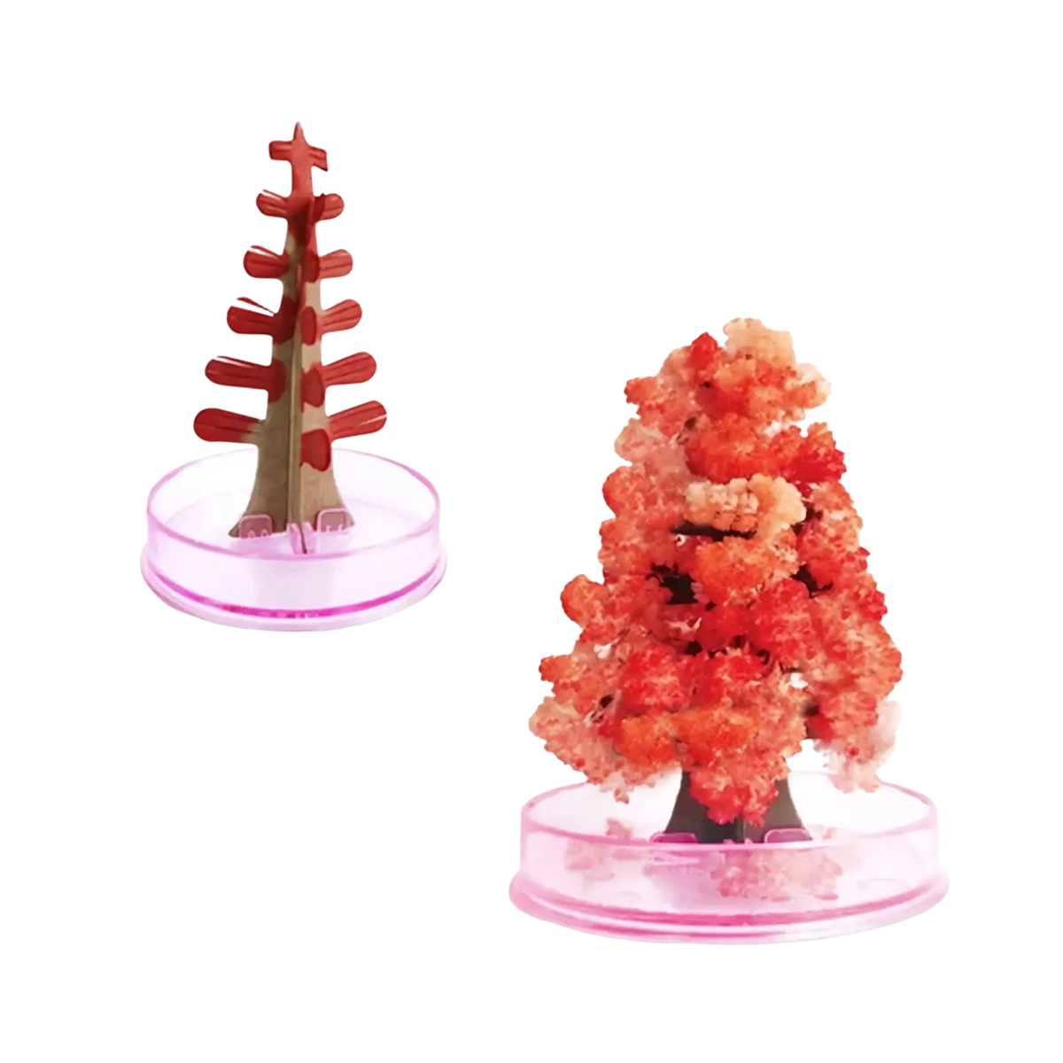 A vibrant orange and pink crystalline magic growing crystal christmas tree decor on a clear plastic base