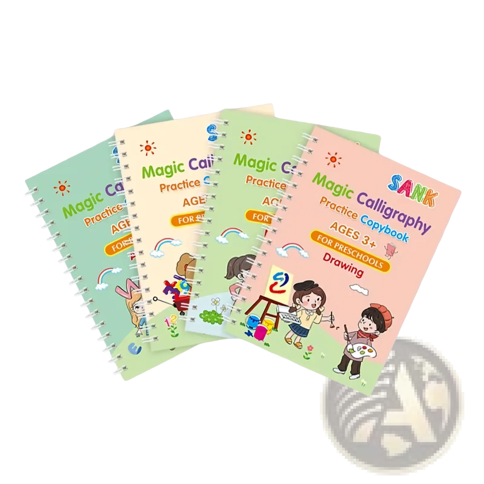 Colorful spiral-bound magic practice copybook with playful cartoon illustrations and vibrant pastel covers for preschoolers