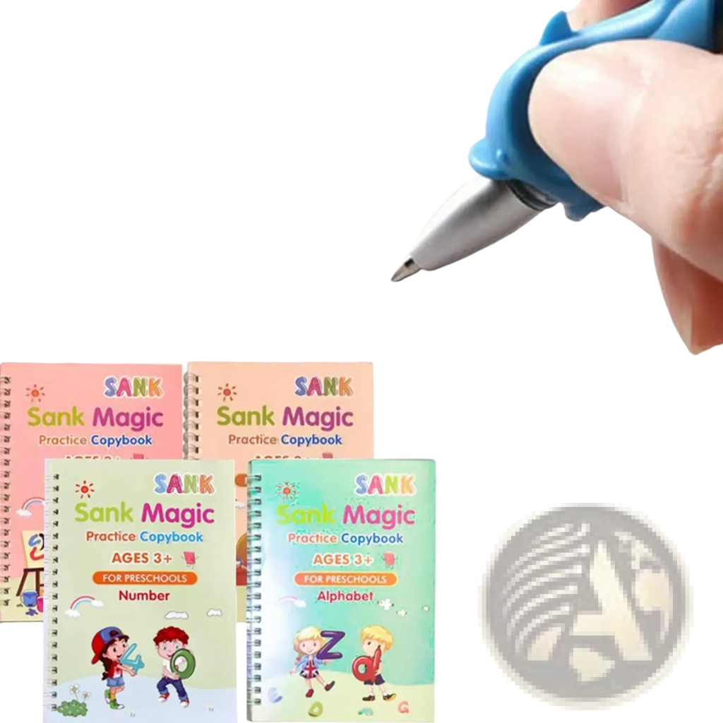 Blue plastic-trimmed tracing pen used to trace numbers on a page in the magic practice copybook reusable kids writing book