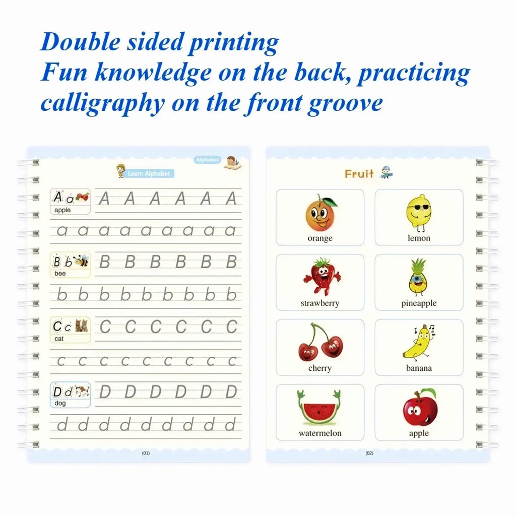 Children’s double-sided alphabet and fruit learning workbook with cartoon illustrations in magic practice copybook reusable kids writing book