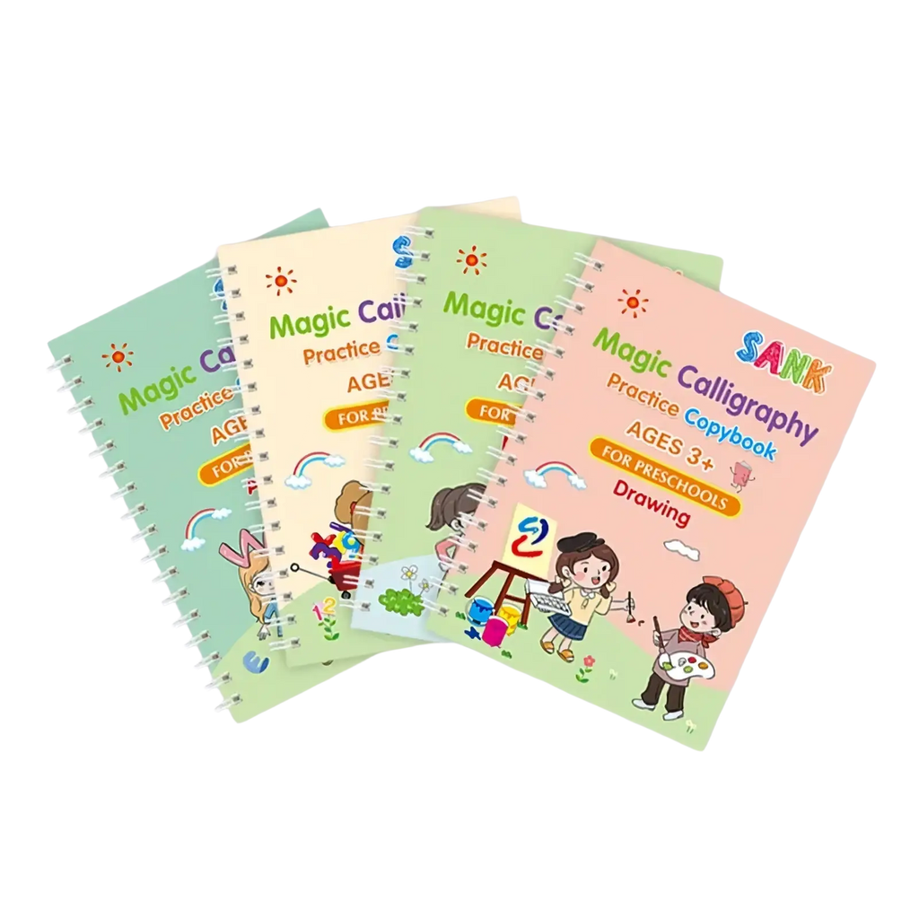 Colorful spiral-bound magic practice copybook with playful cartoon illustrations and vibrant pastel covers for preschoolers