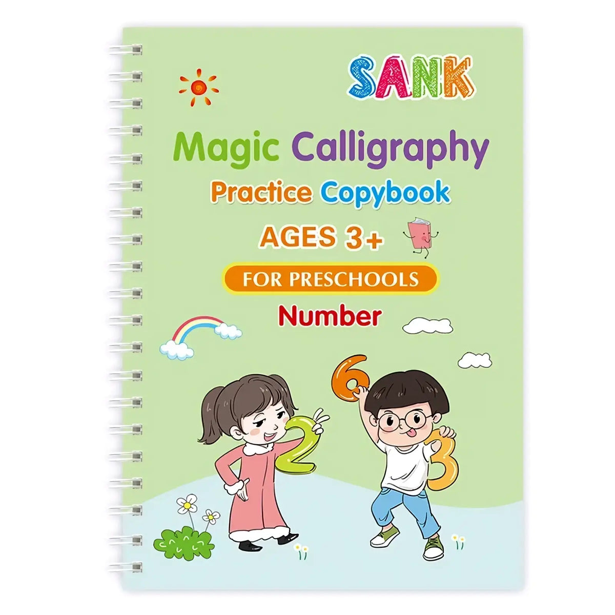 A light green spiral-bound reusable magic practice copybook for kids featuring colorful cartoon children and sank branding