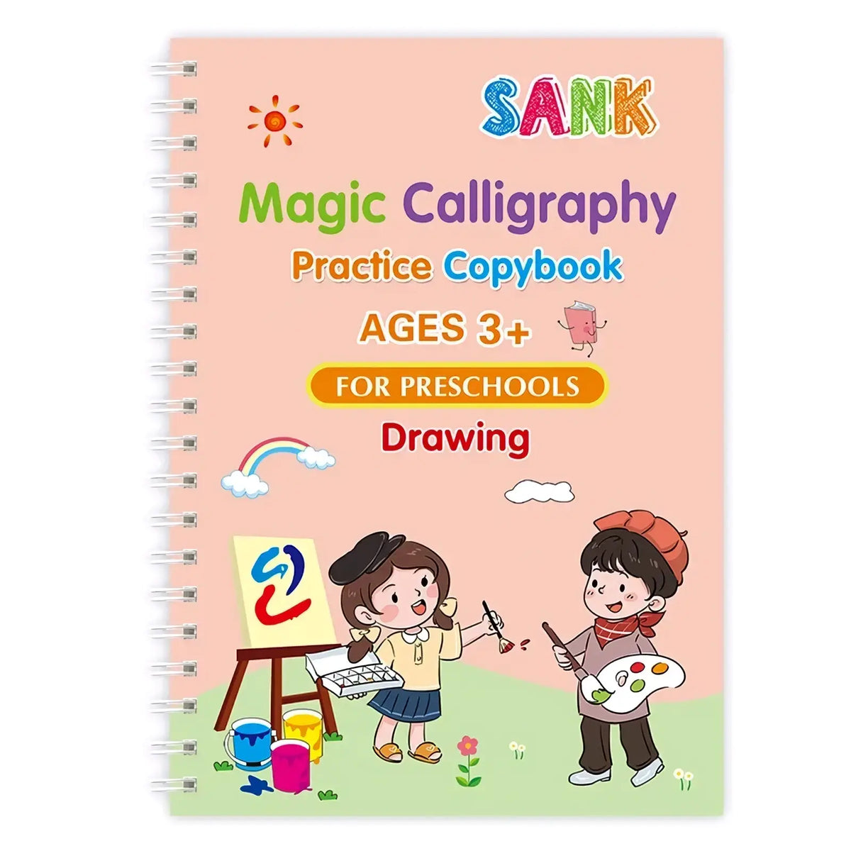 Pink spiral-bound magic practice copybook reusable kids writing book with colorful cartoon children on cover for preschoolers