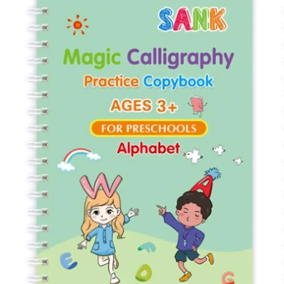 Magic practice copybook reusable kids writing book with sank magic calligraphy practice on light green cover with colorful children and alphabet letters