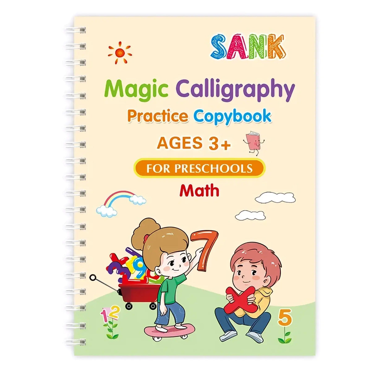 Magic practice copybook reusable kids writing book with colorful cartoon children and numbers on light beige spiral cover