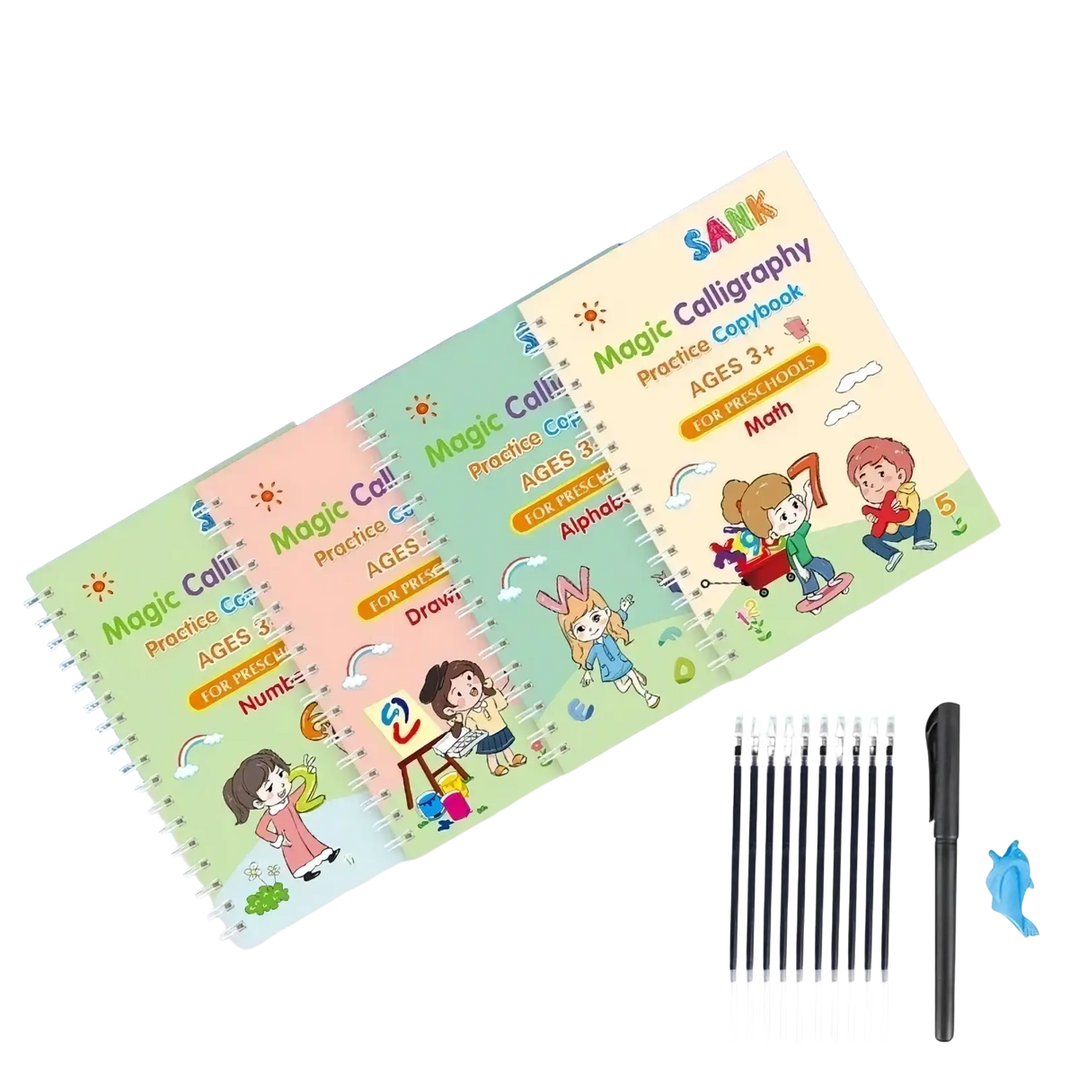 Set of four colorful magic practice copybooks for kids with spiral binding pen holder pen gripper and ten ink refills