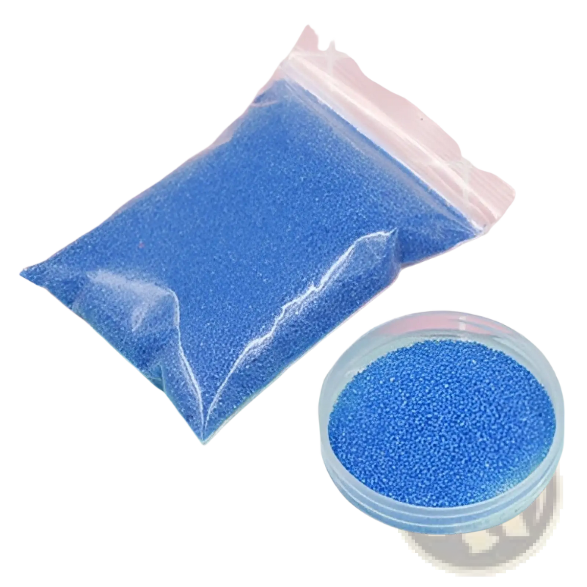Blue glitter magic sand hydrophobic waterproof diy toy for kids in a clear plastic bag and transparent round container