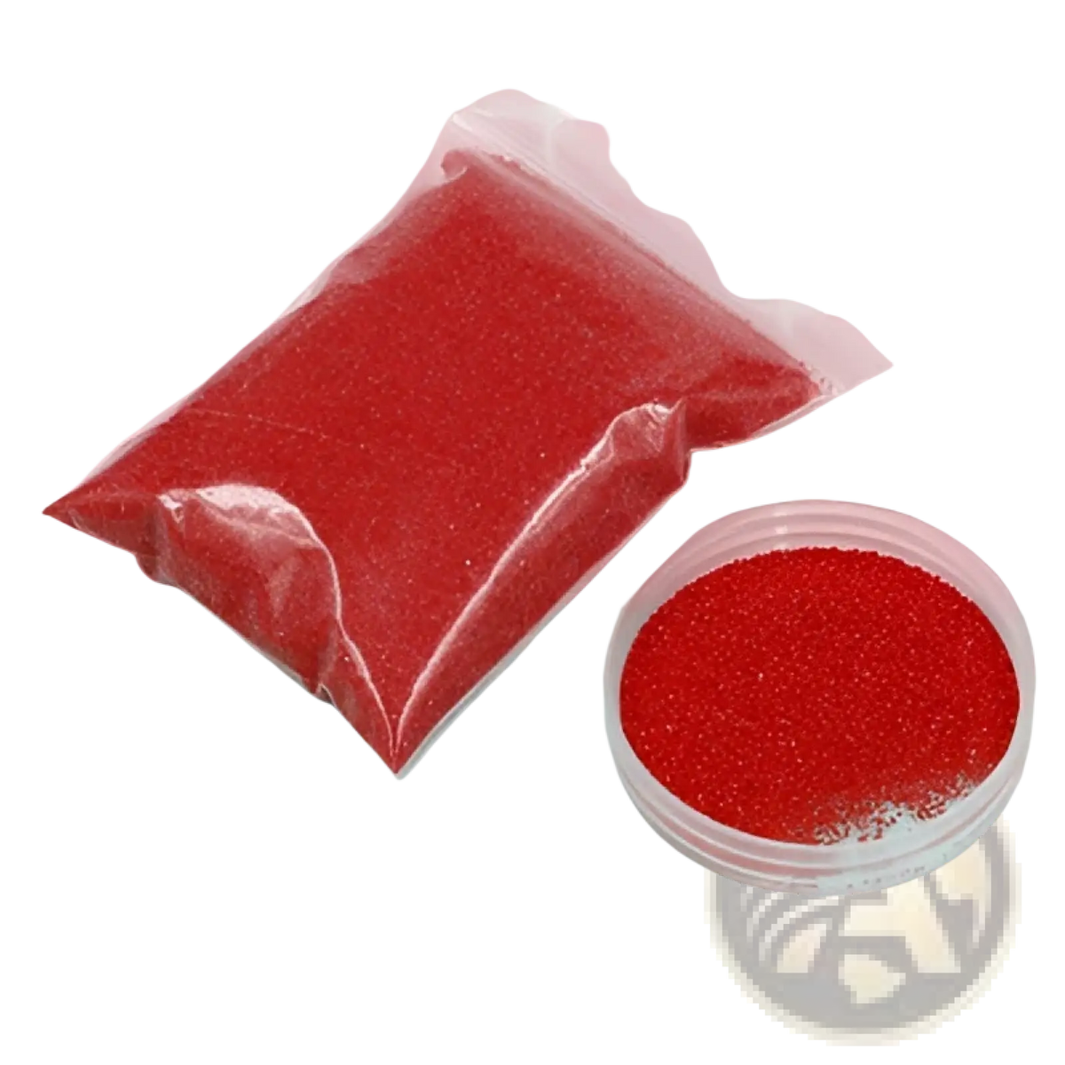 Red glitter hydrophobic waterproof magic sand in clear plastic bag and round transparent container for diy kids toy