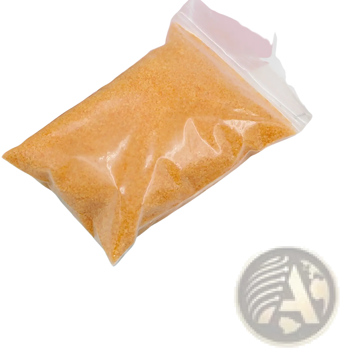 A clear plastic bag filled with fine golden orange granules of magic sand hydrophobic waterproof diy toy for kids