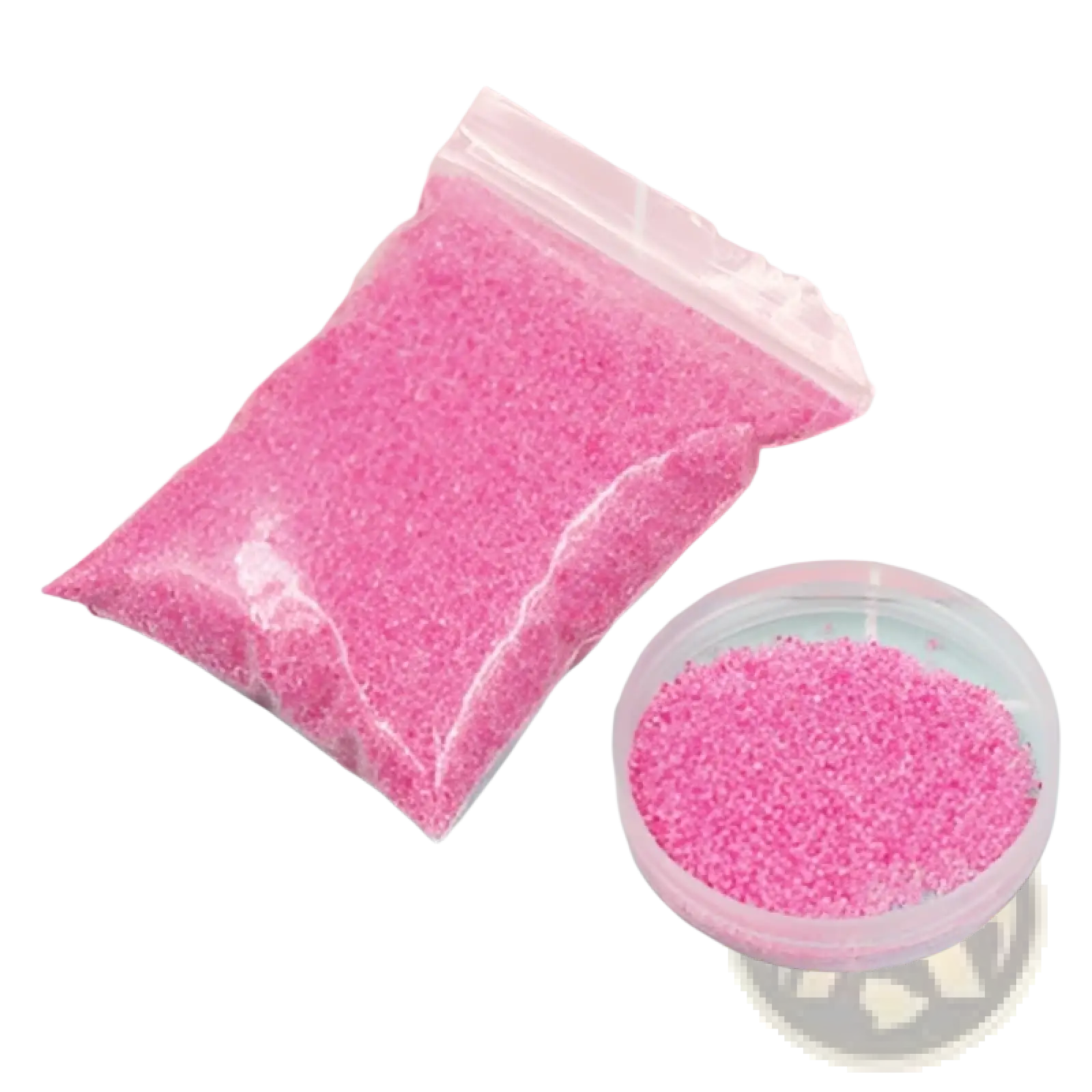 Pink glitter hydrophobic magic sand in clear bag with matching pink container for kids diy waterproof toy