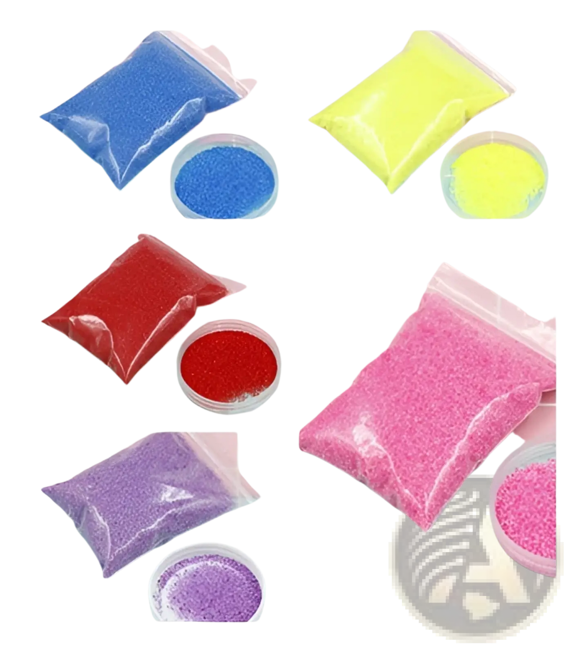 Colorful glittery magic sand in clear plastic bags and small containers hydrophobic waterproof diy toy for kids