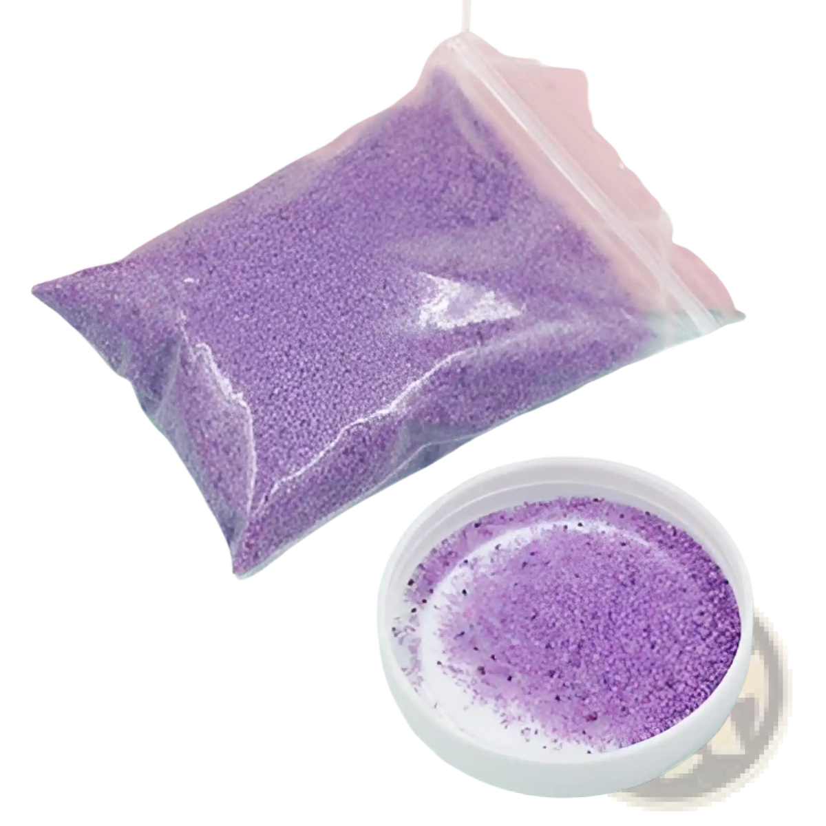 Purple magic sand hydrophobic waterproof diy toy for kids in clear plastic bag and spilled into white container