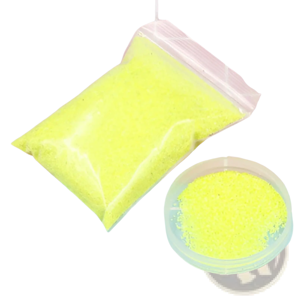 Magic sand hydrophobic waterproof diy toy for kids with bright neon yellow glittery sand in clear bag and small bowl