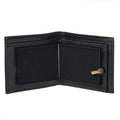 Black leather Magic Blaze minimalist fire wallet with a gold-tone lock mechanism on the right side