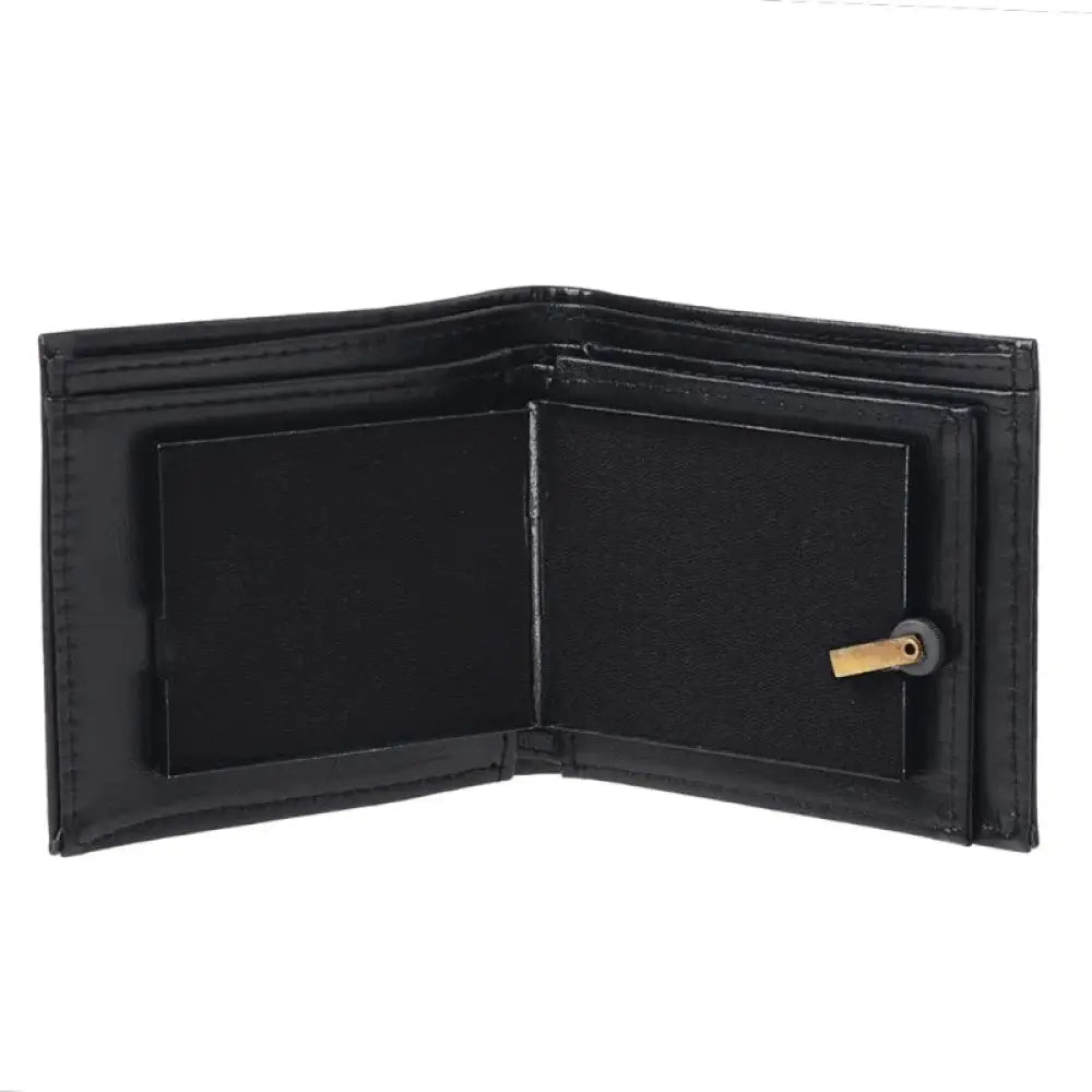 Black leather Magic Blaze minimalist fire wallet with a gold-tone lock mechanism on the right side