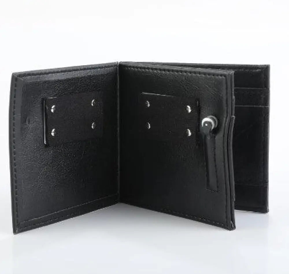 Black leather bi-fold magic blaze minimalist fire wallet with stitched edges and metallic rivets visible from front side