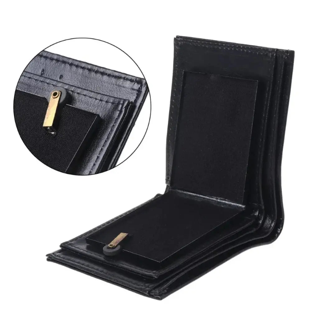 Black leather tri-fold minimalist fire wallet with gold-tone metal clasp from Magic Blaze collection