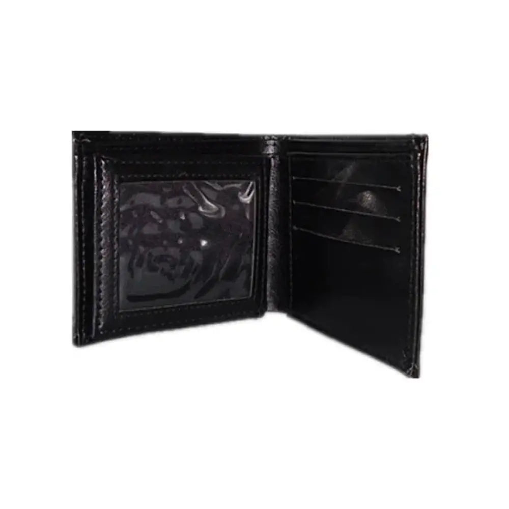 Black leather Magic Blaze minimalist bi-fold wallet with clear plastic ID window and multiple card slots