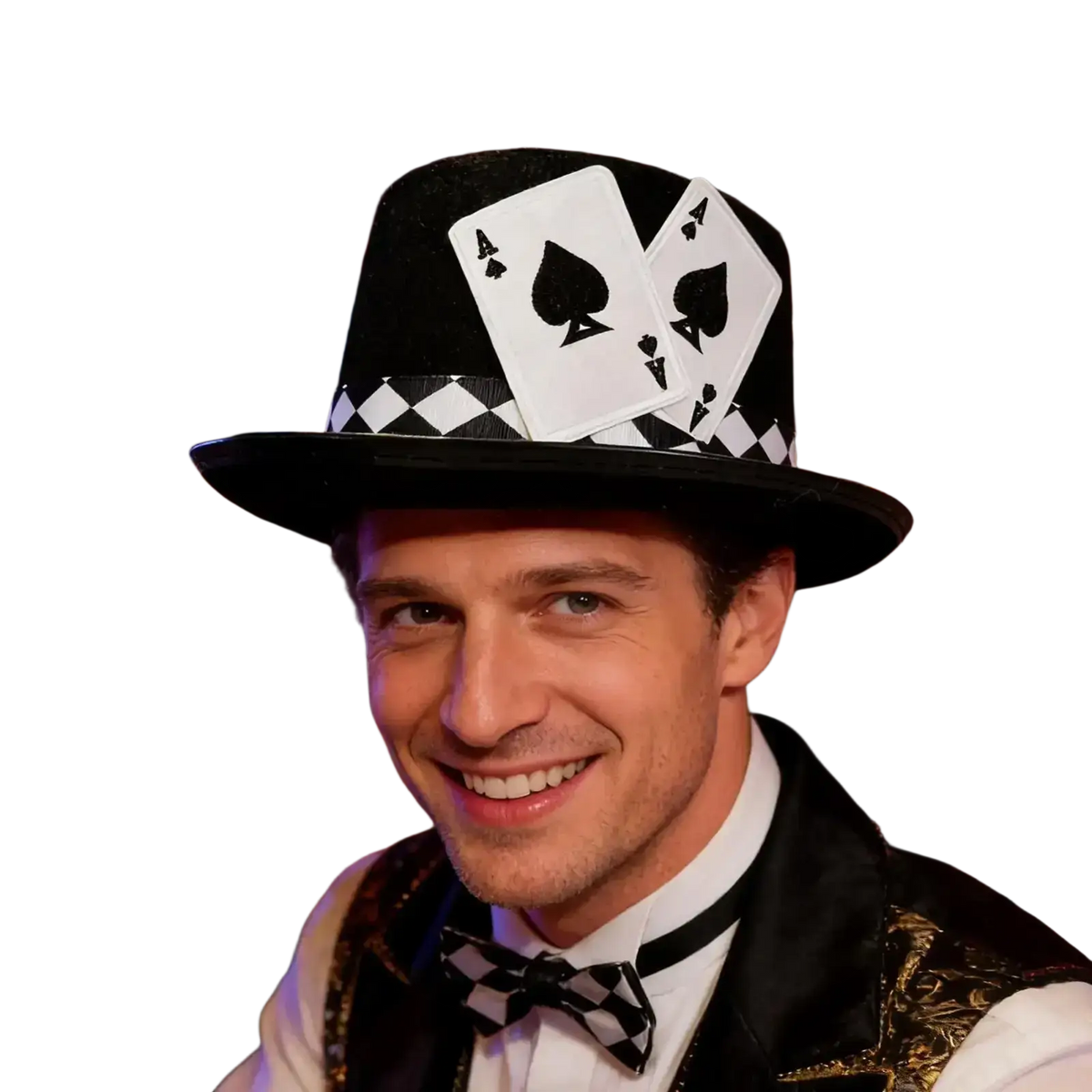 Black magician top hat playing card costume accessory with two white ace of spades cards and checkered band
