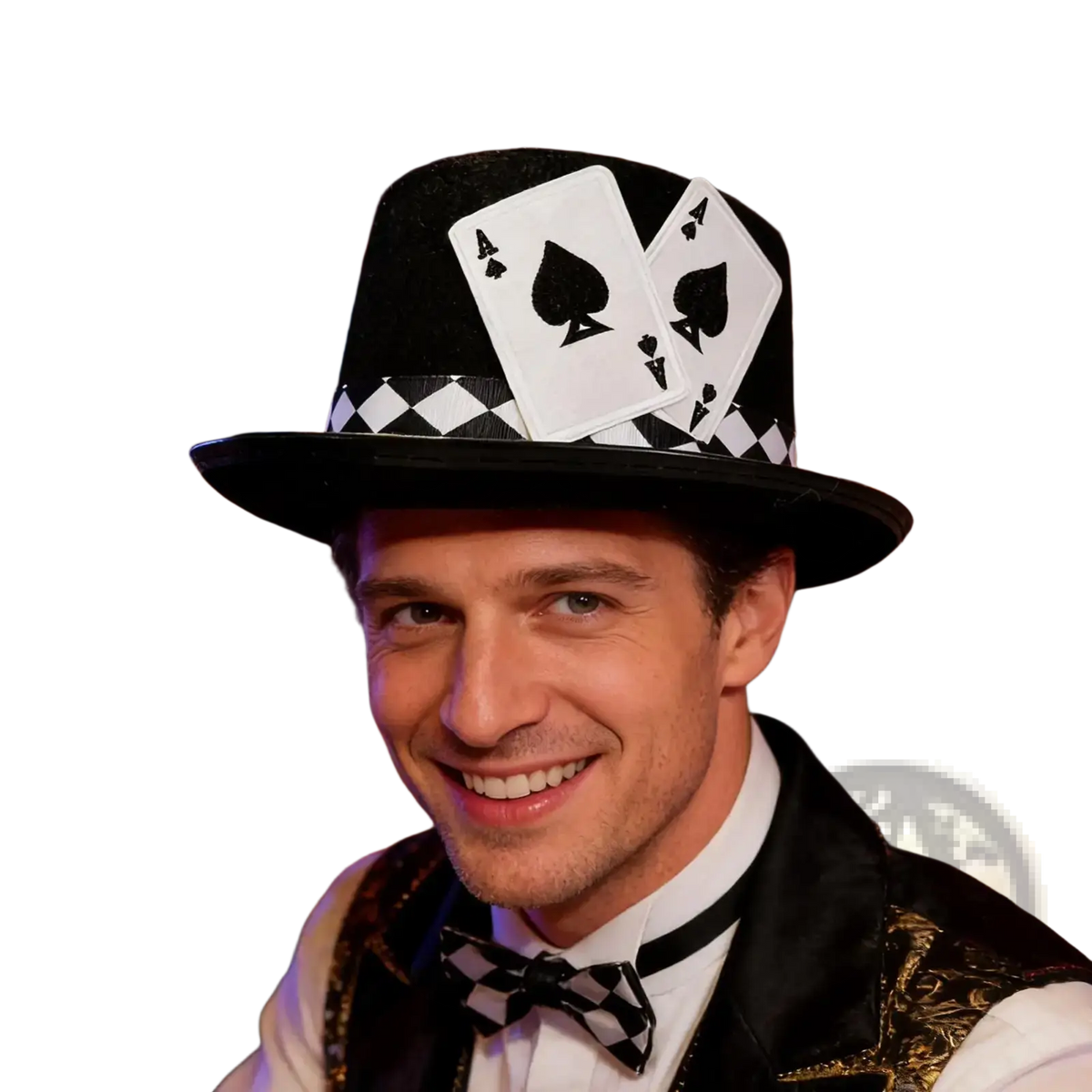 Black magician top hat with white spade aces and black-and-white checkered band for playing card costume accessory