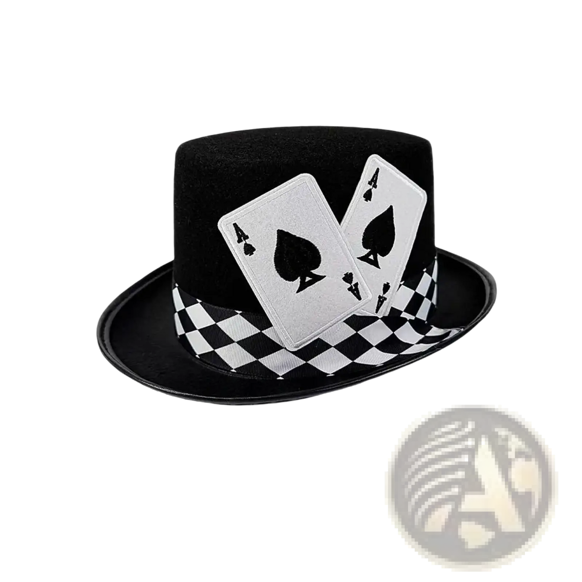 Black magician top hat with checkered ribbon band and silver ace of spades patches for playing card costume accessory