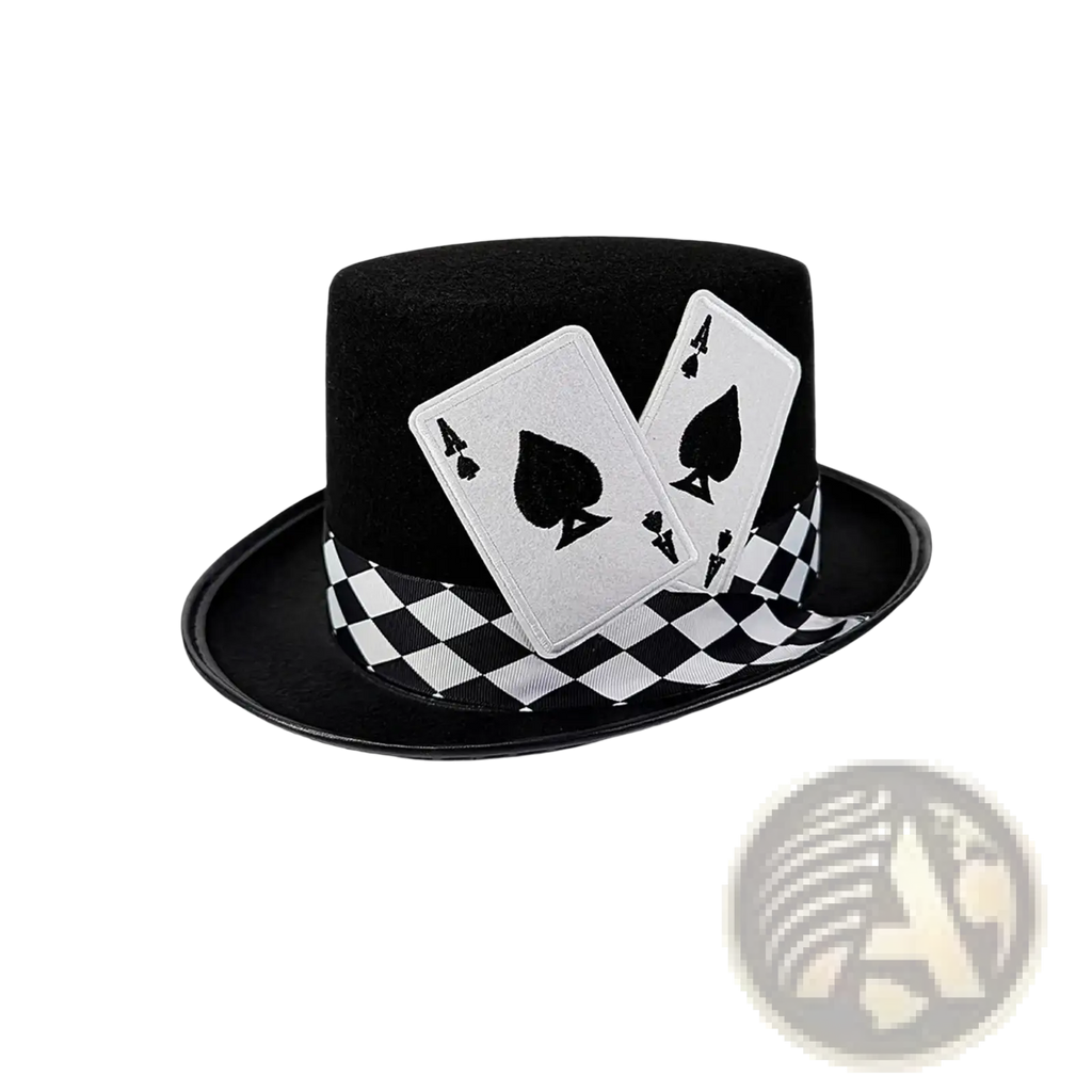 Black felt magician top hat with two silver ace of spades cards and a black-and-white checkered ribbon band