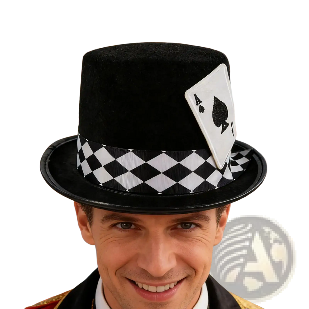 Black velvet magician top hat with black and white checkered band and ace of spades card costume accessory