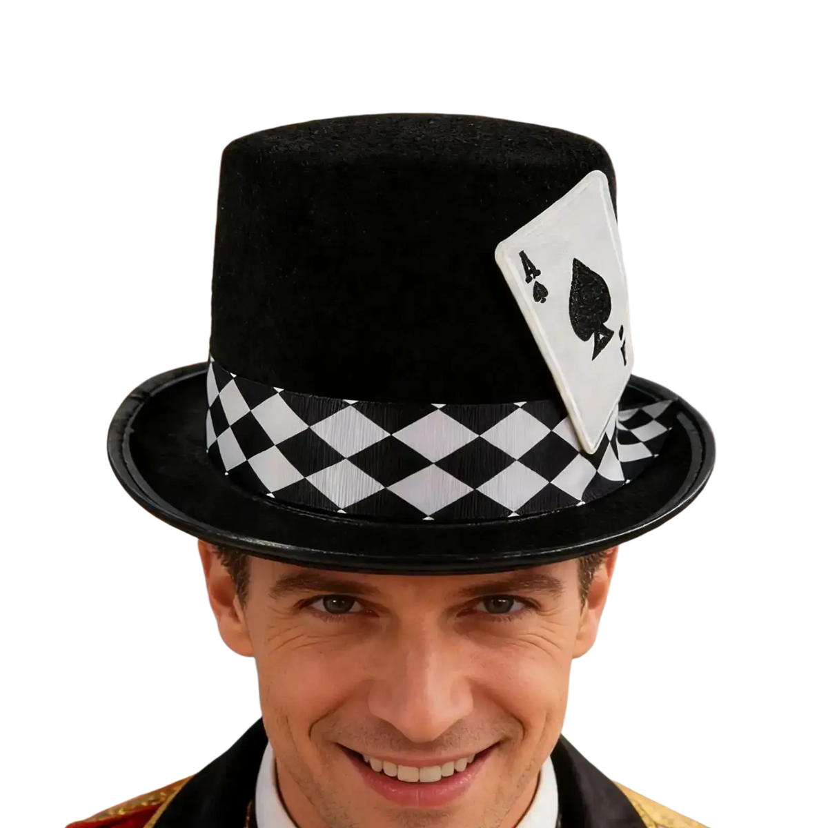 Black top hat playing card costume accessory with checkered band and ace of spades card attached to the side
