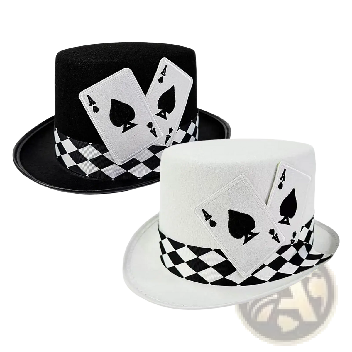 Black and white magician top hats with embroidered ace of spades cards and checkered ribbon bands costume accessory