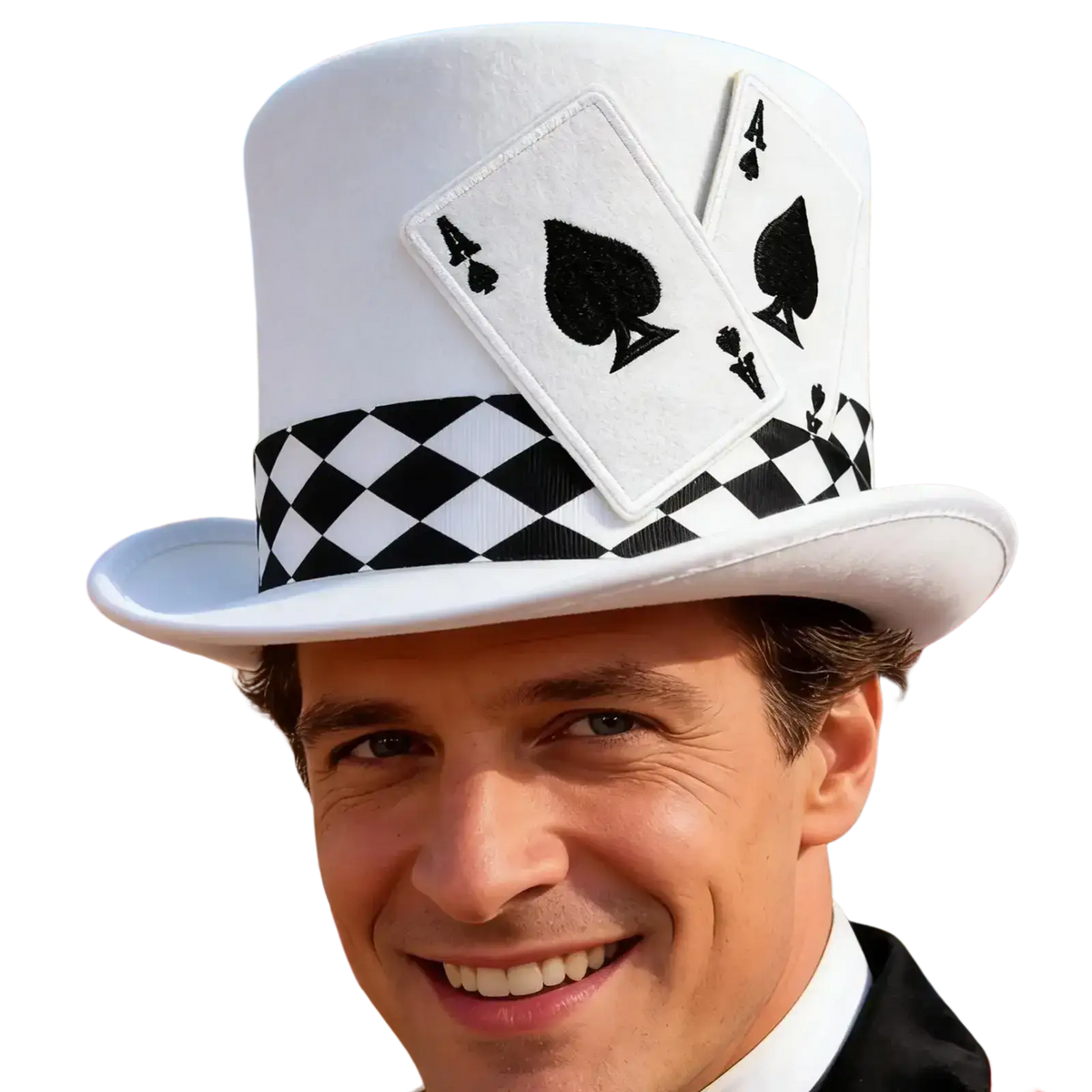White top hat playing card costume accessory with black-and-white checkered band and embroidered ace of spades patches