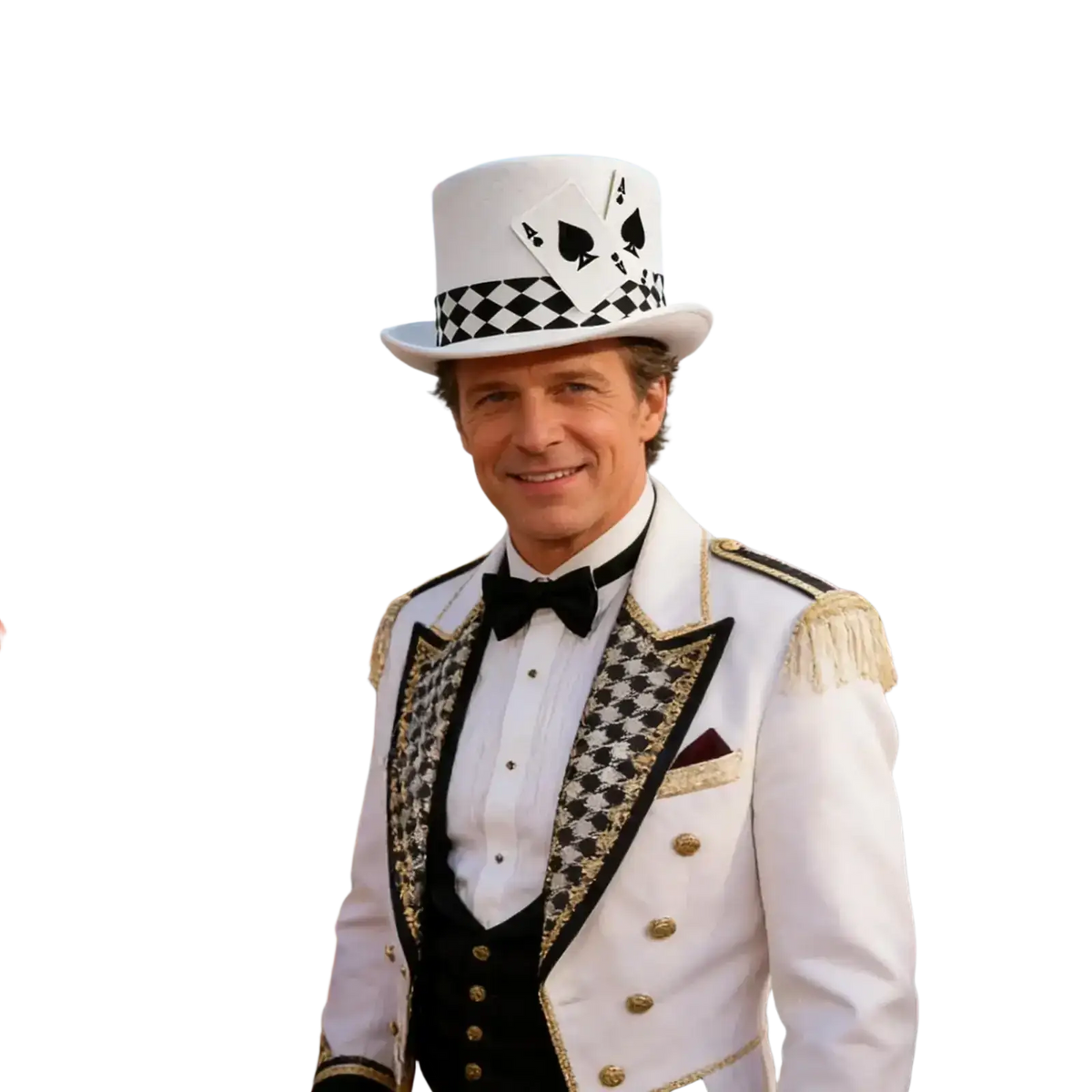 White top hat costume accessory featuring black spade playing card motifs and a checkered band for playing card costume use