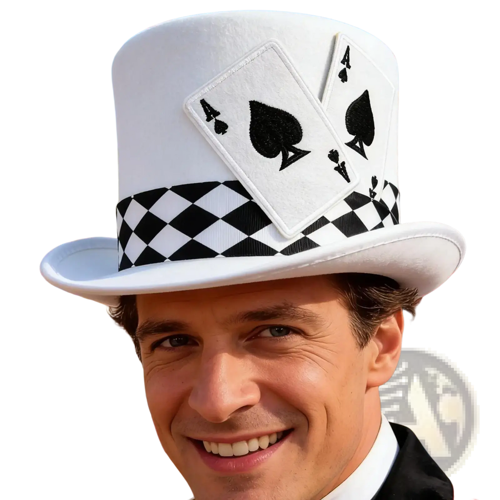White fabric magician top hat with black spade patches and black and white checkered band costume accessory