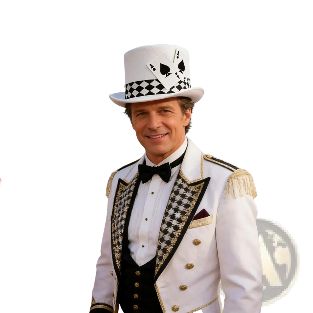 White magician top hat with black spade and diamond playing card motifs and checkered band costume accessory