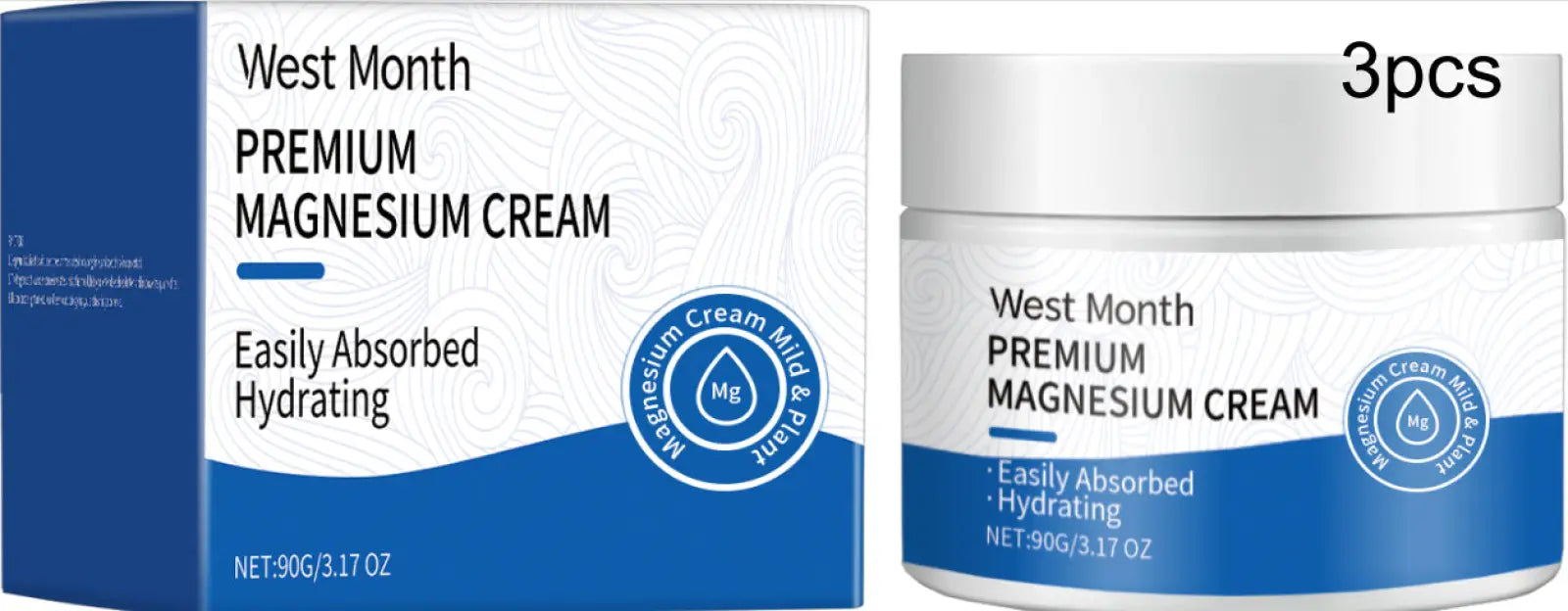 West month premium magnesium cream hydrating body lotion 50g in white jar with blue accents and easily absorbed text
