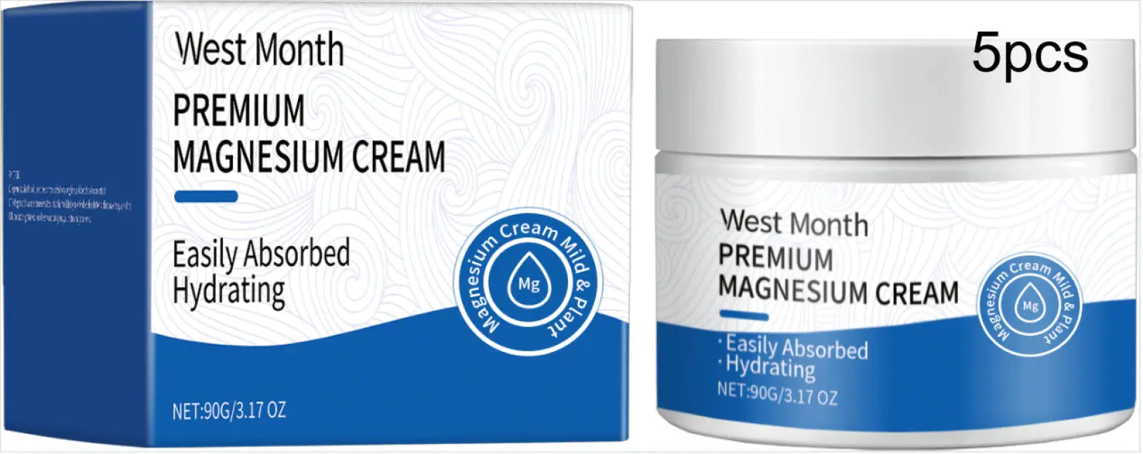 West month premium magnesium cream hydrating body lotion in white jar with blue accents easily absorbed hydrating text visible