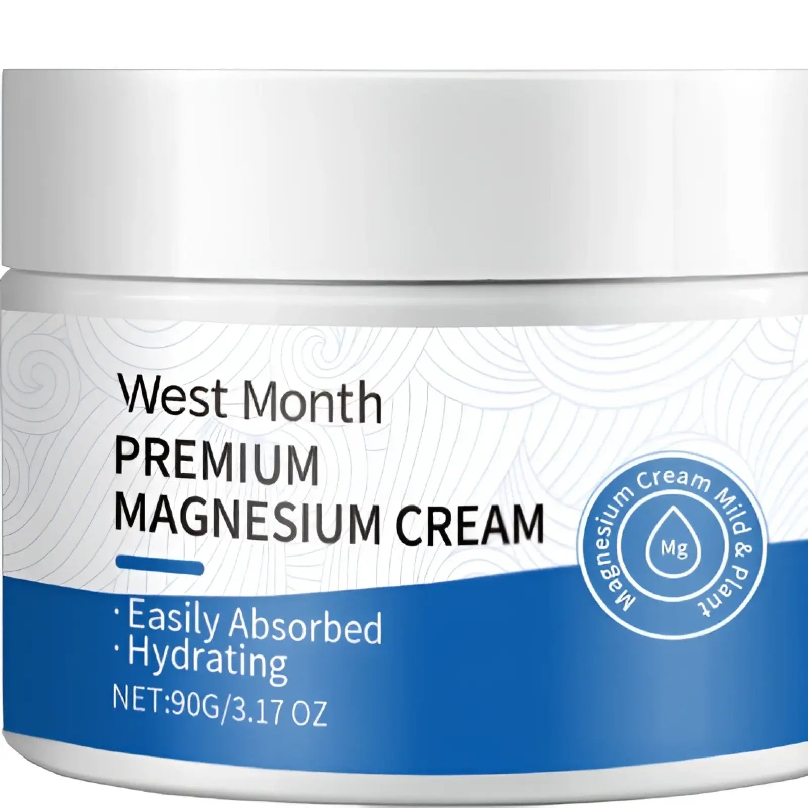 White cylindrical jar of West Month premium magnesium cream hydrating body lotion with lavender and blue swirling label